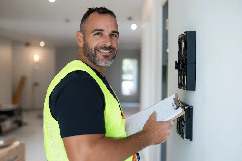 A confident electrician conducting an electrical inspection