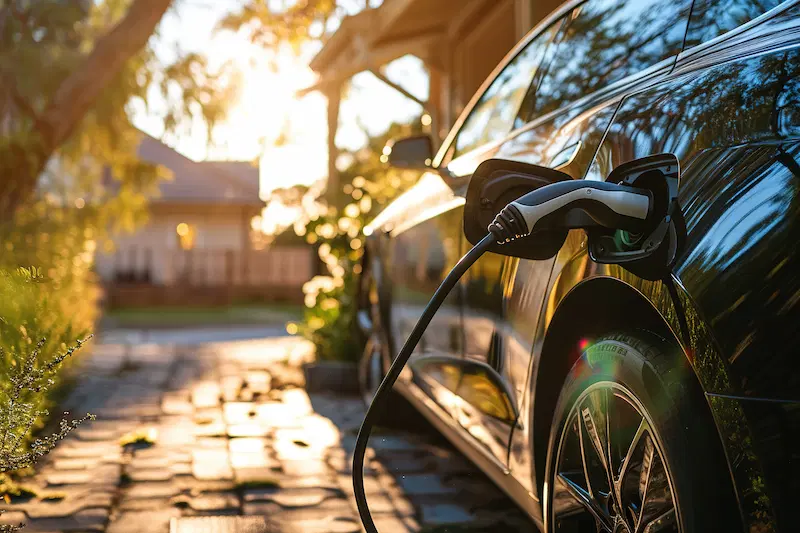 An EV being charged outdoors on a fine day