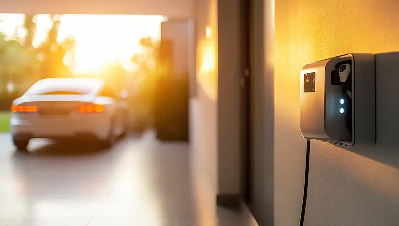 An EV charging station in the garage
