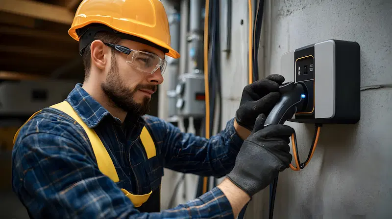 An electrician completing the installation of a home EV charger