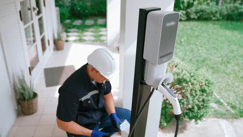 Electrical contractor testing charger after installation